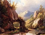 Valley Wall Art - A Mountain Valley With A Peasant And Cattle Passing Along A Stream